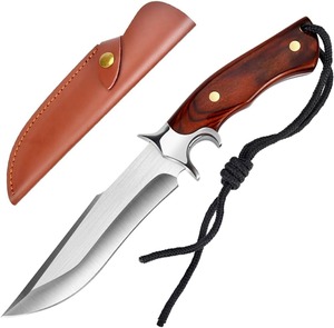 Couteau de chasse à lame fixe en acier D2 avec manche en bois rouge brun, couteau de survie tranchant avec étui en cuir pour hommes - Product Image 1