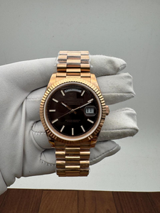 Montre Hip Hop de luxe automatique en or rose de haute qualité, cadran chocolat, lunette cannelée, acier inoxydable, mouvement ETA - Product Image 2