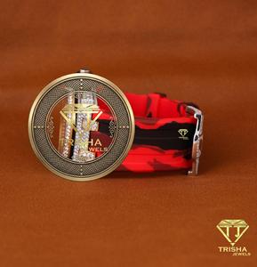 High End Luxury Men’s Watch With <b>Chronograph</b> Dial Gold Tone Case Red Strap Sparkling Detail Fashion Wristwatch For Wholesale - Product Image 4