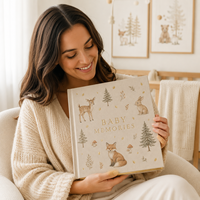 LABON Livre de souvenirs personnalisé pour bébé, thème animaux de la forêt, couverture rigide en lin, bords dorés, journal de développement