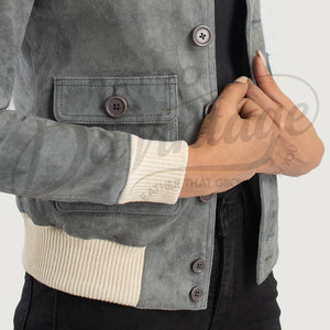 Chaqueta Bomber de Cuero de Ante Genuino Gris para Mujer, con Ribete Acanalado Crema, Ajuste Delgado, de Ante de Cabra Premium, Abrigo Casual de Invierno a la Moda - Product Image 6