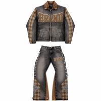 Ensemble veste et jean en denim gris personnalisé avec imprimé croix en strass et design à carreaux, survêtement unisexe