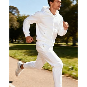 Ensemble de survêtement blanc à capuche pour homme, fermeture éclair intégrale, sweat-shirt et pantalon décontractés, couleur unie, coton, tenue d'automne, coupe classique - Product Image 3