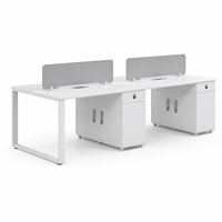 Poste de travail de bureau pour 4 personnes avec armoires de rangement et séparateurs en tissu, 2800 mm, blanc, mobilier de bureau modulaire