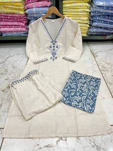 Women Ethnic Embroidered <b>Kurti</b> Set with Dupatta V Neck 3 4 Sleeve Printed <b>Indian</b> Top Ready to Dispatch - Product Image 3