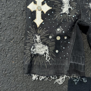 <b>Men</b> Gothic Ripped Denim <b>Shorts</b> With Cross <b>Patches</b> And Rhinestones Mid Waist Button Fly Streetwear Style - Product Image 4