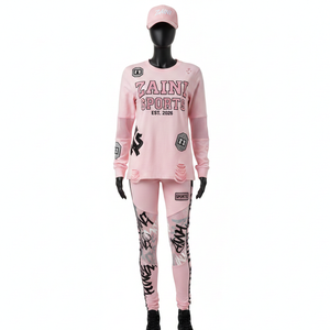 Ensemble haut et legging de sport premium pour femme, 240 GSM, coton polyester rose, toucher lisse, empiècements en mesh, logo imprimé, ensembles pour femmes - Product Image 6