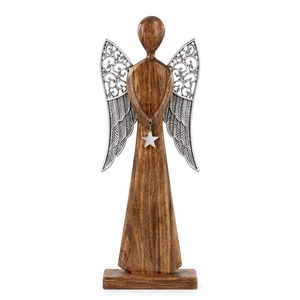 Figura de Ángel Rústica de Madera con Alas de Metal Plateado y Colgante de Estrella - Centro de Mesa Festivo para Navidad, Decoración del Hogar - Product Image 1