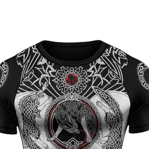 Men's Short Sleeve Rash Guard With Viking Celtic <b>Dragon</b> Print Quick Dry Polyester Compression Shirt Back Logo Design - Product Image 2