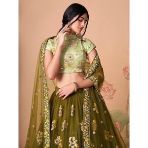 Espléndido Espejo Verde Oliva Red De Trabajo Lehenga Choli Con Dupatta - Product Image 5