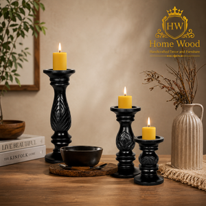 Home Wood Handcrafted Wooden <b>Candlestick</b> Holder Set Column Shape <b>Black</b> for Home Decoration - Product Image 1