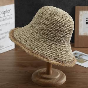 Wholesale SEAN Brand Frayed Raffia Straw Design Foldable Bucket Cap Woven Paper Straw <b>Hat</b> Summer <b>Women</b> <b>Beach</b> Travel UV Sun Shade - Product Image 4