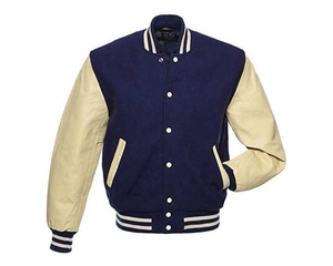 Veste universitaire bleu marine pour homme avec manches en cuir crème et bordure côtelée, style preppy, fermeture boutonnée simple à col classique - Product Image 1