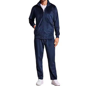 Survêtement bleu marine pour homme, coupe droite, couleur unie, fermeture éclair, poches latérales, style décontracté, respirant, en velours - Product Image 4