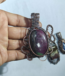 Pendentif en jaspe classique fait main pour enfants, en alliage, enveloppé de fil, pierre précieuse naturelle, bijoux artisanaux en gros - Product Image 6