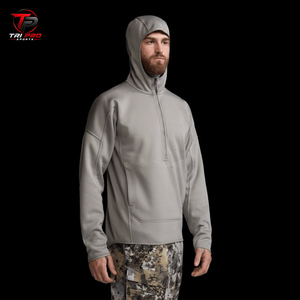 <b>Men</b> Winter Outdoor Solid Grey Quarter-Zip Heavyweight Fleece Polyester Hunting Hoodie Integrated <b>Face</b> <b>Mask</b> Front Kangaroo Pouch - Product Image 2