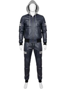 Conjunto Deportivo de Piel Sintética Azul Marino con Capucha para Hombre – Chaqueta Biker con Cremallera Completa y Pantalones Jogger Acanalados, Conjunto de Dos Piezas - Product Image 2