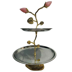 Support à gâteau décoratif à 2 niveaux en métal, élégant, rond, en acier inoxydable et en laiton, avec accent feuille d'or, pour la maison et l'hôtel - Product Image 6