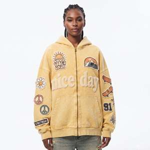Sudadera con capucha de forro polar grueso para mujer, bordado personalizado, estilo urbano, hombros caídos, manga larga, cremallera frontal, sudaderas con capucha para mujer - Product Image 6