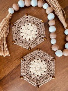 Geometric Flower Shaped Hex Coaster Crochet Beige Brown Bead Premium Yarn Heat Resistant Cup Mat Boho Rustic <b>Kitchen</b> Essential - Product Image 5
