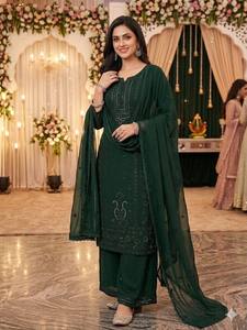 Conjunto de Vestido Tradicional Indio para Mujer, Verde, Bordado, de Georgette, para Boda, Estilo Étnico, Corte Regular, Largo Midi, para Todas las Temporadas - Product Image 3