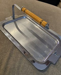 Chrome or metal serving tray insert pan with handles Heavy Chrome plated metal tray set within a wire tubular carrying stand - Product Image 1