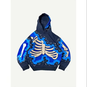 Sudadera con Capucha para Hombre, Estampado de Esqueleto Camuflado Azul, Estilo Urbano Holgado, Tejido de Poliéster, Manga Regular, Ropa de Otoño - Product Image 1
