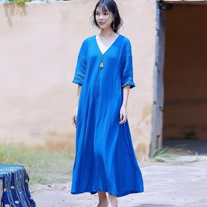 Robe midi vintage 100 % coton personnalisée pour femme, col en V, coupe ample, taille haute, poches latérales, grandes tailles, été, plage, prix de gros - Product Image 2