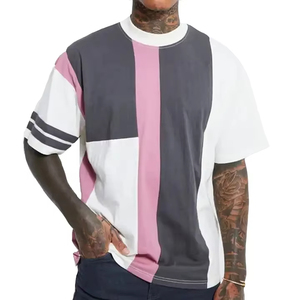 Men's Casual Color Blocked O-Neck Short Sleeve T-<b>Shirt</b> Oversized Knitted <b>Patchwork</b> Design Contrast Trim Regular Fit - Product Image 2