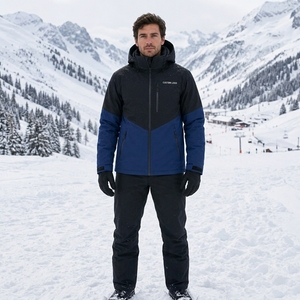 <b>Men's</b> <b>Blue</b> Black Color Blocked Waterproof <b>Ski</b> <b>Jacket</b> Hooded Zipper Closure Custom Logo Front Synthetic Insulated Outdoor Wear - Product Image 1