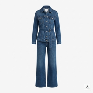 <b>Women</b> Summer <b>Blue</b> Washed Denim Belted Jacket and Wide Leg <b>Jeans</b> Set Casual Two Piece Matching Denim Outfit Streetwear Fashion - Product Image 3