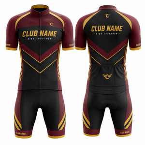 Conjunto de Jersey de Ciclismo Personalizado para Hombre, Color Granate, Negro y Dorado, Sublimado, Transpirable, de Poliéster, Uniforme de Equipo para Adultos, Fusión sin Costuras - Product Image 1