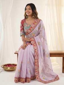 Indian Traditional Latest Rangoli Silk Saree With <b>Sequins</b> Dori Work for Wedding Party and Festive Function for Women Fancy Wear - Product Image 5
