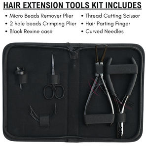 Kit d'outils pour extensions de cheveux noirs : Pince à micro-anneaux, Pince à sertir les perles à 2 trous, Ciseaux à couper le fil, Aiguilles courbées, Doigtier de séparation - Product Image 2