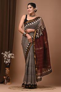 Sari de Seda Maheshwari al por Mayor, Sari Tradicional Indio Estampado a Mano con Borde Dorado Zari - Product Image 4