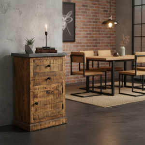 Buffet compact d'appoint de style industriel en bois de manguier massif rustique vintage avec dessus en métal, 2 tiroirs et 1 porte, pour bureau ou vestiaire - Product Image 1