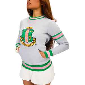 Sudadera Unisex AKA Grey Stripe Chenille Crest con Cuello Redondo, Bordado de Letras Griegas, Ajuste Cómodo, Ropa Casual Premium - Product Image 5