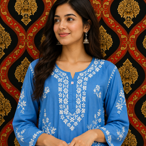 Kurti brodé bleu ciel fait main pour femmes, motif floral ethnique, manches 3/4, col en V et tenue indienne traditionnelle - Product Image 4