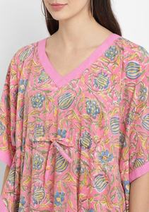 Français Rose Rose Main Bloc Floral Imprimé Tie-Up Taille 100% Coton Caftan Belle Robe De Nuit Pour Jolies Dames - Product Image 5