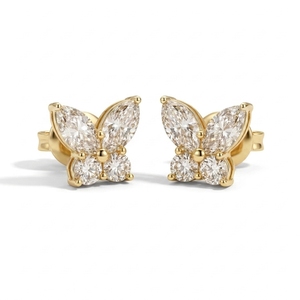 Pendientes de Diamantes con Forma de Mariposa de 0.38ct, Oro Amarillo de 14K, Certificación IGI, Corte Marquesa, Minimalistas, para Mujer, Regalo para Fiestas - Product Image 1