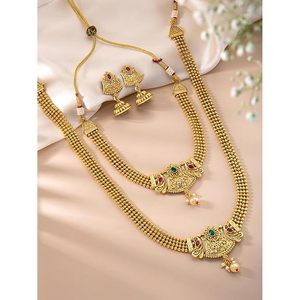 Ensemble collier et boucles d'oreilles en alliage plaqué or 24 carats avec zircon et perles, bijoux de mariage traditionnels pour femmes, forme cloche classique - Product Image 4