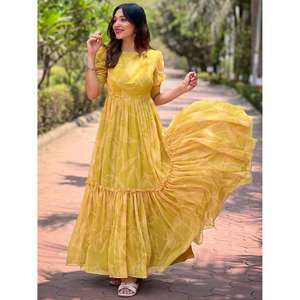 ชุดเดรสยาวพิมพ์ลายสีเหลืองเอวสูงแบบธรรมชาติ ซักได้ เป็นมิตรต่อสิ่งแวดล้อม สำหรับผู้หญิง แขนพอง คอกลม เหมาะสำหรับฤดูร้อน - Product Image 2