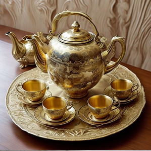 Elegante juego de té turco de oro con vasos transparentes, una azucarera blanca y dulces. Disponible a precios de mayorista. - Product Image 2