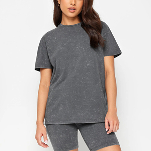 Women's Summer Distressed Black Breathable T-Shirt <b>Crop</b> <b>Top</b> Vintage Letters Embroidery O Neck Acid Washed Jersey Solid T shirt - Product Image 4