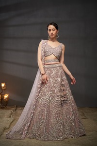 Pink Beaded Lehenga Choli <b>Net</b> Unstitched Wedding Outfit Two Piece Bridal Set for Women - Product Image 2