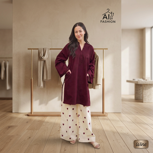 Kurti color vino con pantalones palazzo con estampado de corazones, corte holgado, largo hasta el tobillo, estilo casual indio-pakistaní para todas las estaciones. - Product Image 4