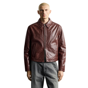 Men's <b>Burgundy</b> Genuine <b>Leather</b> Streetwear <b>Jacket</b> Shirt Collar Zip Front Cropped Fit Premium Minimal OEM Casual Fashion Outerwear - Product Image 1