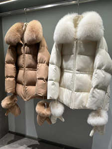 Manteau court en duvet de canard pour femme, couleur unie, chaud et doux pour l'hiver, col en fourrure de renard, respirant, fermeture éclair épaisse - Product Image 3