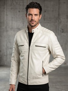 Mens Off White Genuine Lambskin Leather Cafe <b>Racer</b> <b>Jacket</b> Slim Fit Biker <b>Jacket</b> with Silver Zippers - Product Image 1