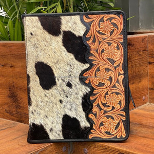 A4 Business Padfolio Hand <b>Tooled</b> <b>Leather</b> File Organizer Portfolio Document Folder Multi-pocket Conference Folder 3 Ring Binder - Product Image 3